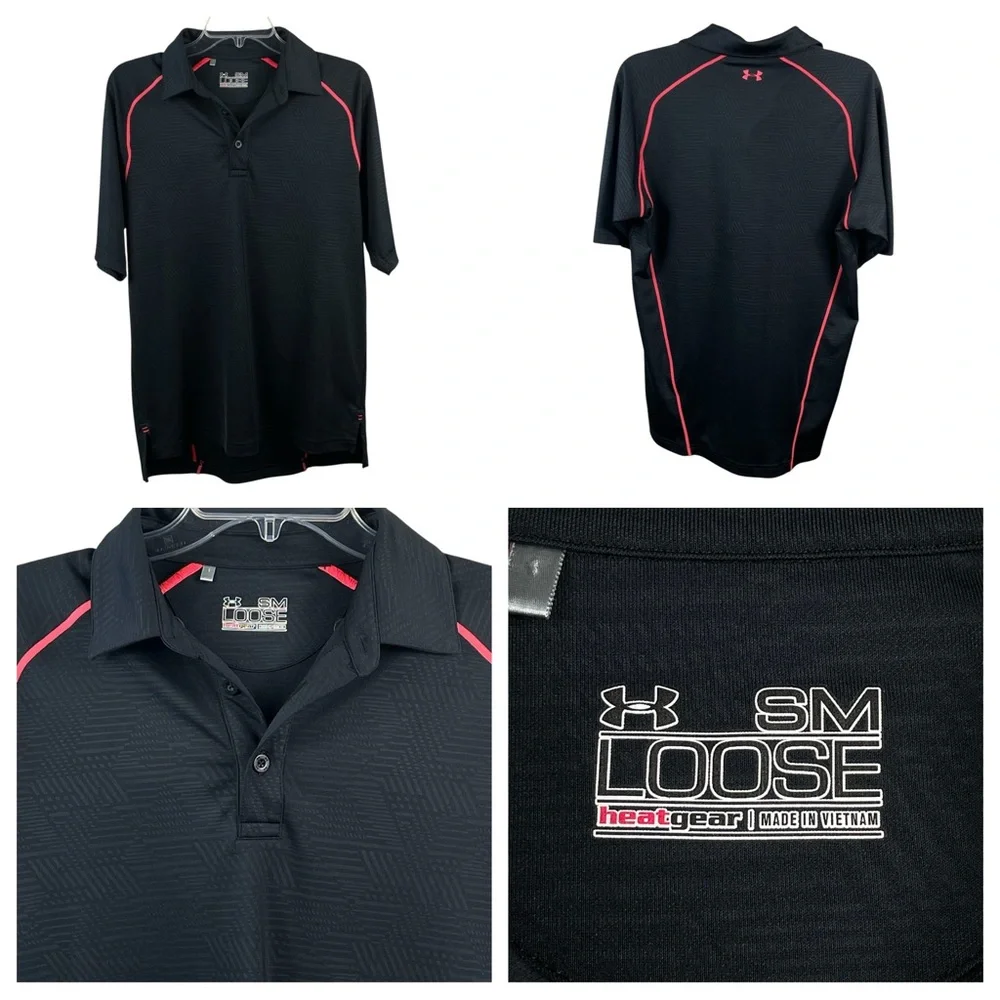 New Men's Under Armour LooseFit HeatGear Stretch Black/Neon Pink Polo Small 0252